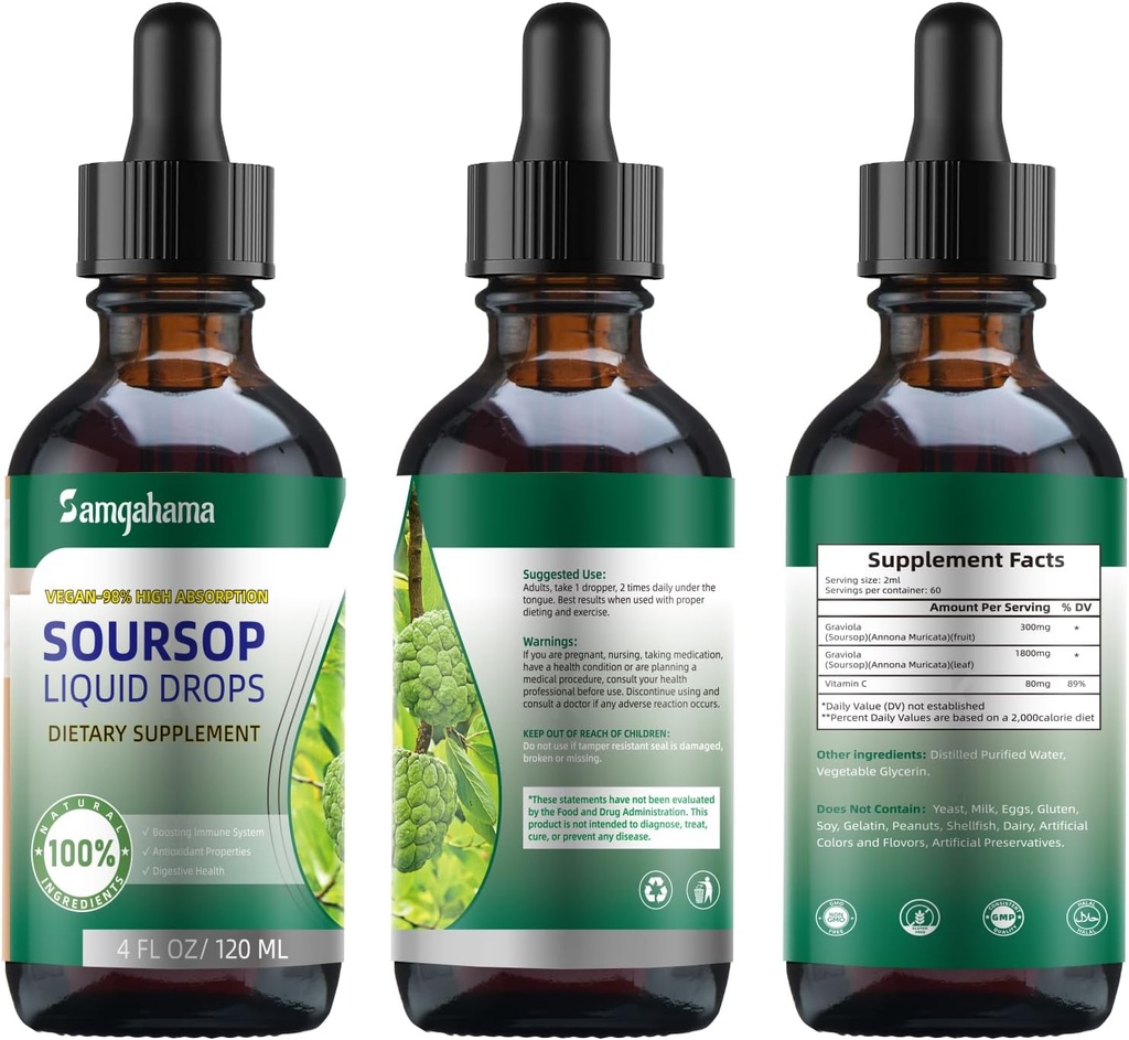 Bitters Soursop Liquid Drops, Vitamin C, Dietary Fiber, Χωρίς γλουτένη, 120ml, 4 Fl Oz (3 Pack)