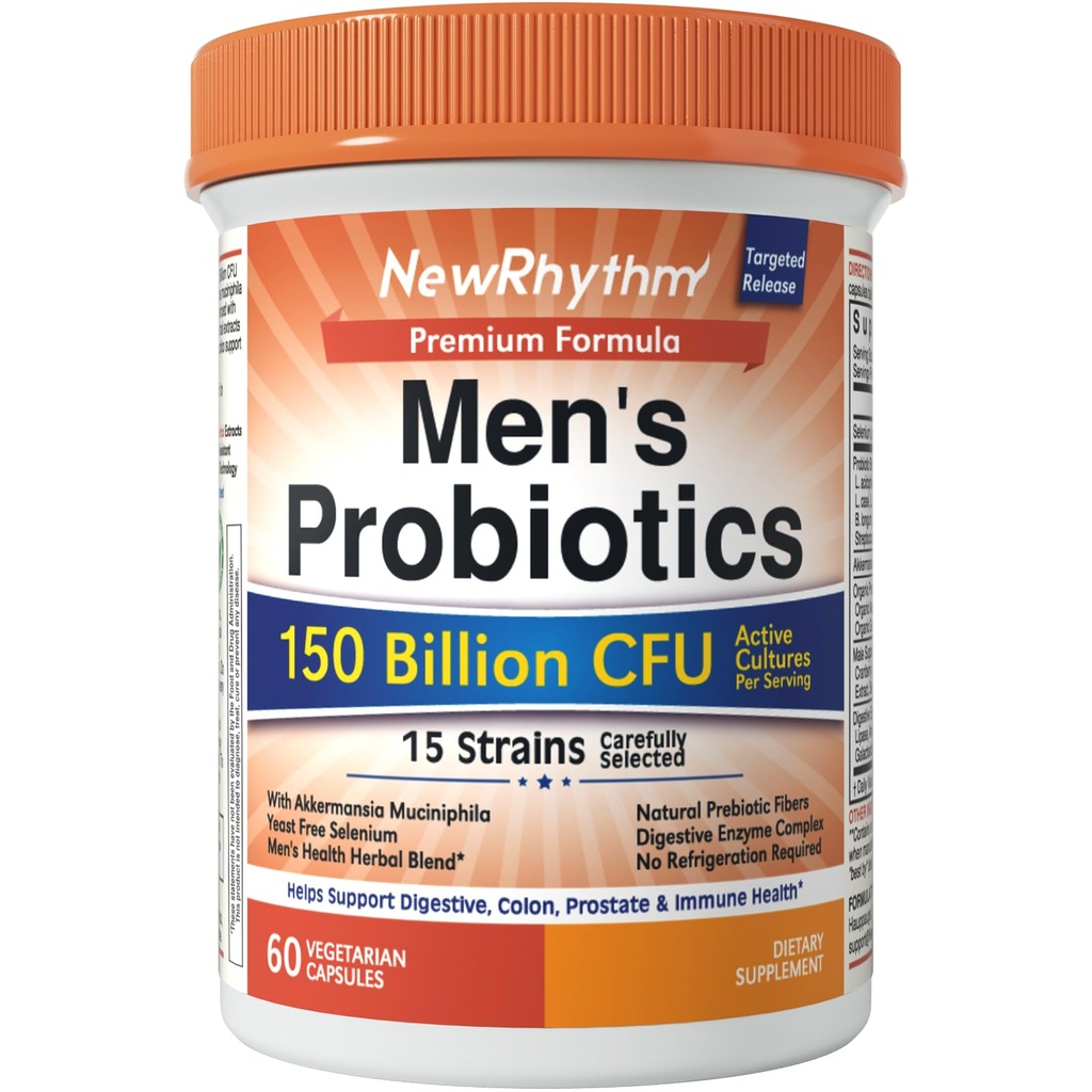 NewRhythm Probiotics for Men, with Prebiotics, Selenium, Digestive Enzymes, Akkermansia Muciniphila, Cranberry Extract, 150 Billion CFU, Digestive, Colon, Immune, Men's Health, 60 Vegan Caps