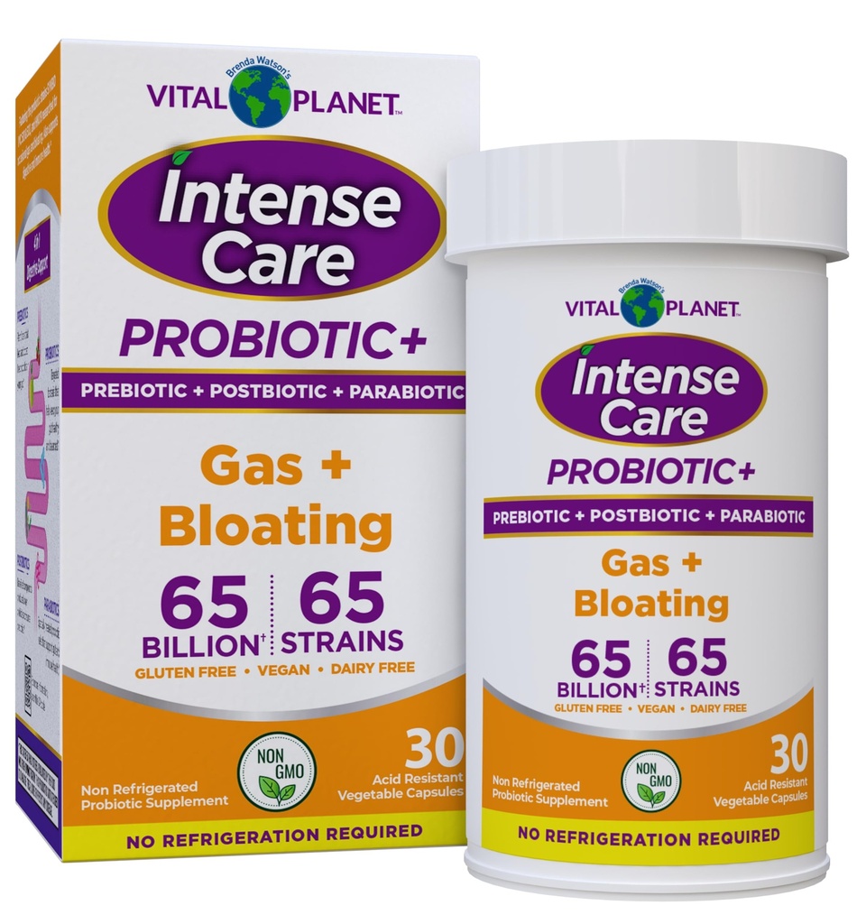 Vital Planet - Intense Care Gas & Bloating Probiotics Plus Organic Prebiotics, Postbiotics, Parabiotics, Complete 4-in-1 Supplement for Adults, 65 Billion CFU, 65 Strains, Digestive and Immune 30 ct
