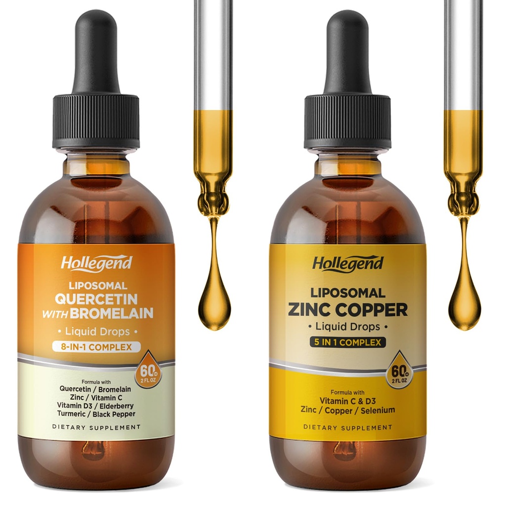 Liposomal Quercetin Bromelain & Zinc Copper Liquid Drops Bundle, Immunity & Respiratory Health Support
