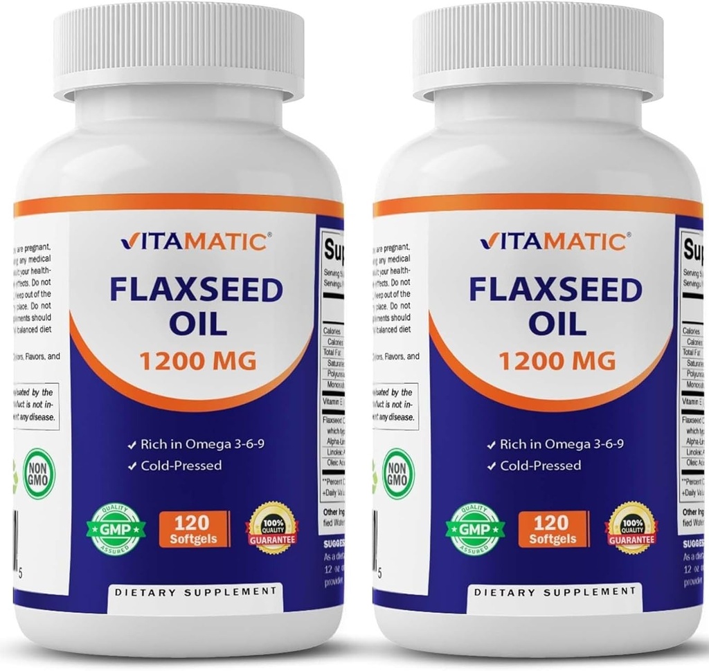 Vitamatic Flaxseed Oil 1200 mg, Omega 3-6-9, 120 Softgels - 2 Pack | Cold Pressed, Support Vascular, Healthy Skin & Hair, and Joint Support, Non-GMO, Gluten Free