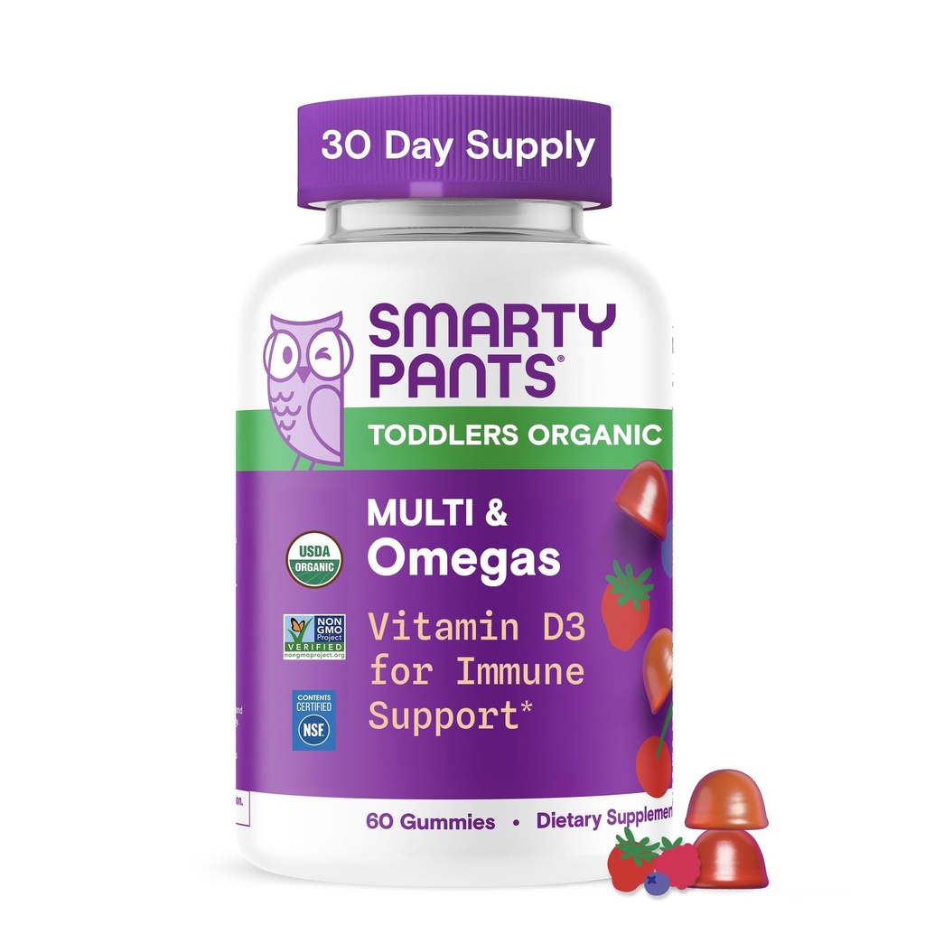 SmartyPants Organic Toddler Multivitamin Gummies: Omega 3 (ALA), Vitamin D3, C, Vitamin B12, B6, A, K & Zinc for Immune Support, Biotin, Vegetarian, Two Fruit Flavors, 60 Count (30 Day Supply)