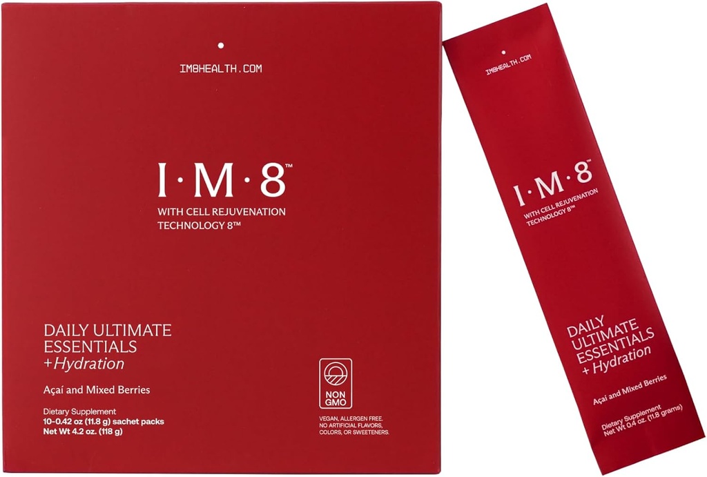 IM8 Καθημερινή Ultimate Απαραίτητα All-in-One Multivitamin Supplement, 92 Nutrient Πλούσια συστατικά CoQ10, Προβιοτικά, Βιταμίνες, Πράσινα, Χωρίς Γλουτένη, Vegan, Acai Mixed Berry (10 σερβιρίσματα, ταξιδιωτικά πακέτα)