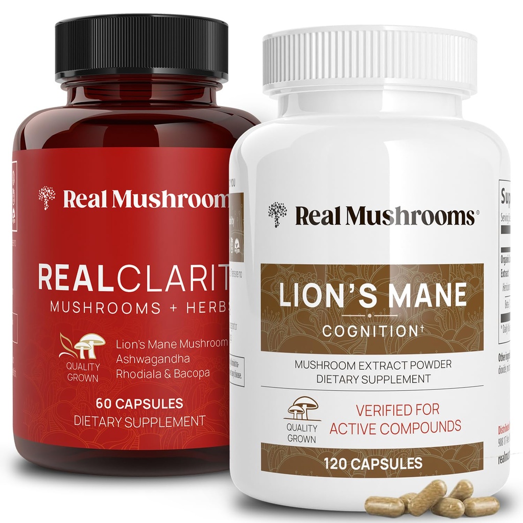 Real Mushrooms RealClarity (60ct) and Lions Mane (120ct) Κάψουλες Bundle - Mushroom Supplement for Brain Health, Mental Clarity, Focus, Cognition & Immune Support - Brain Vitamins w/Ashwagandha