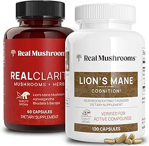 Real Mushrooms RealClarity (60ct) and Lions Mane (120ct) Κάψουλες Bundle - Mushroom Supplement for Brain Health, Mental Clarity, Focus, Cognition & Immune Support - Brain Vitamins w/Ashwagandha