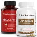 Real Mushrooms RealClarity (60ct) and Lions Mane (120ct) Κάψουλες Bundle - Mushroom Supplement for Brain Health, Mental Clarity, Focus, Cognition & Immune Support - Brain Vitamins w/Ashwagandha