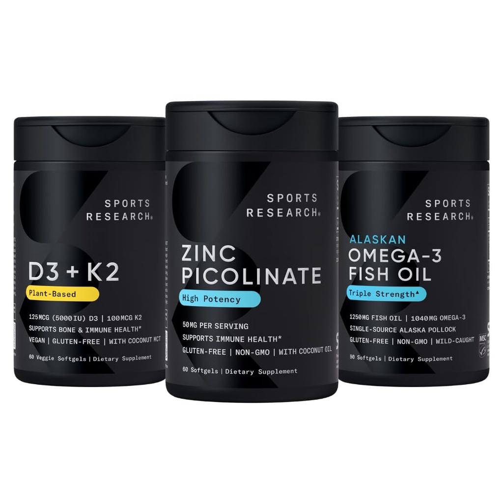 Sports Research® Multivitamin Pack - Highly Absorbable Zinc Picolinate 50mg, Vitamin D3 5000iu + K2 100mcg, and Alaskan Omega-3 Fish Oil 1250mg