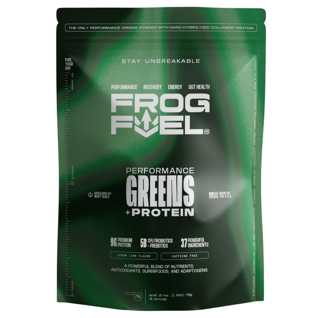 Frog Fuel Performance Greens Protein Powder, Nano Hydrolyzed & Grass Fed, Greens Powder, 5B CFU Probiotics/Prebiotics, 9G Protein, 7 EAAs, Energy & Muscle Support, Lemon Lime 30 Servings