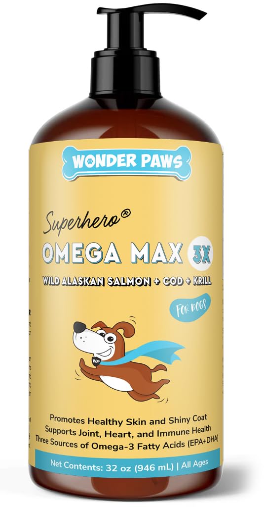 Fish Oil Wonder Paws για σκύλους - Ωμέγα 3 για σκύλους από τον σολομό της Αλάσκας, Cod & Krill Oil - EPA DHA λιπαρά οξέα - λιγότερο χύτευση & φαγούρα - δέρμα, κοινή, ανοσοποιητική & καρδιακή υγεία - συμπλήρωμα υγρού (32 oz)