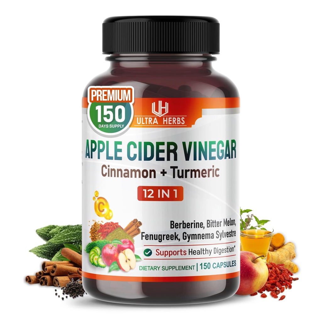 Organic Apple Cider Vinegar Capsules Enhanced with Cinnamon, Turmeric - Ultra Supplement for Digestive, Circulatory, Immunity Support | 150 Capsules