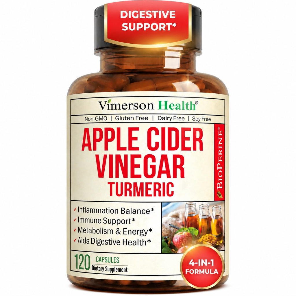 Organic Apple Cider Vinegar Capsules – Turmeric and Apple Cider Vinegar, Ginger Root + Bioperine for Max Absorption – Aids Metabolism, Energy & Inflammation Balance – Tumeric ACV Capsules - 120 Count