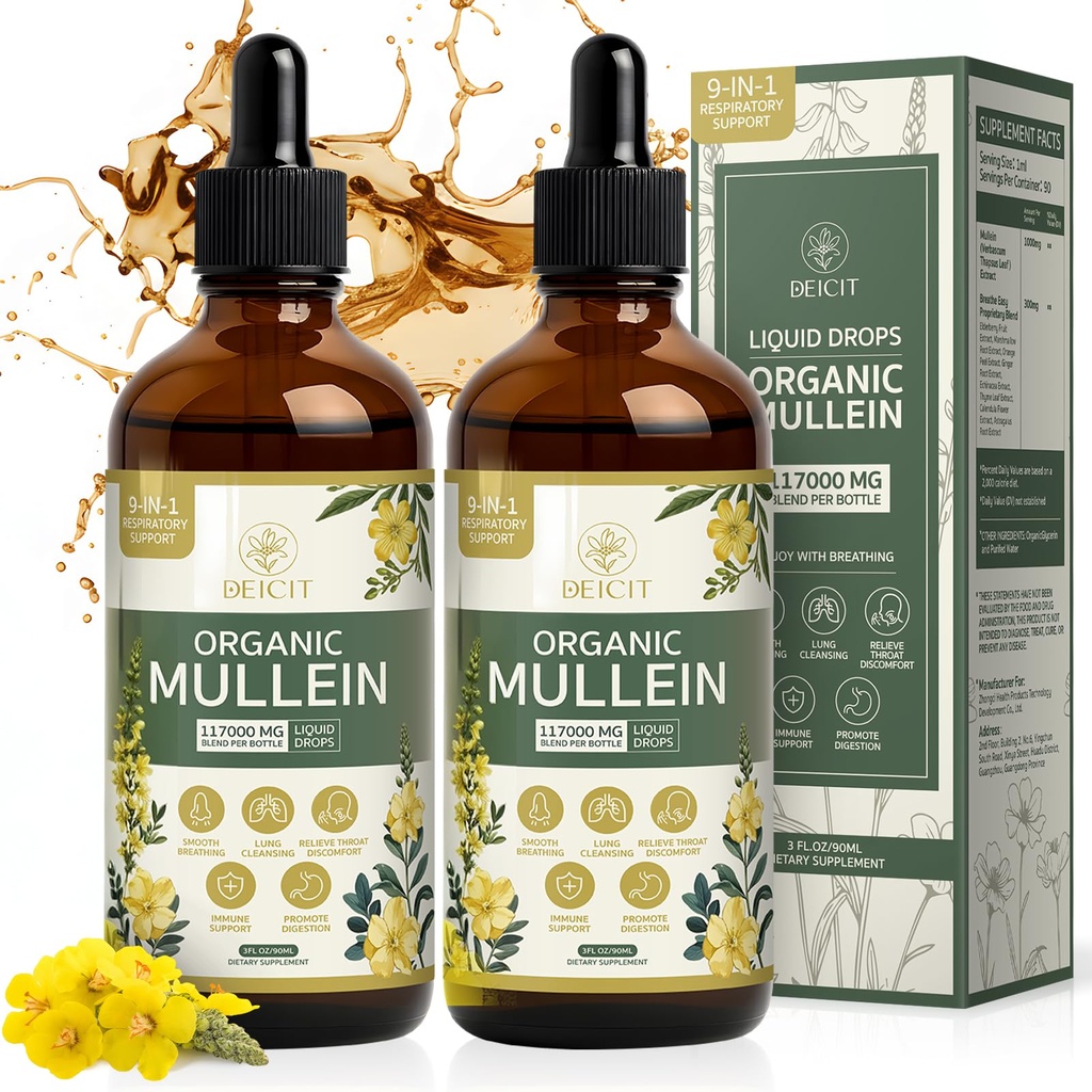 Organic Mullein Drops 2 Pack for Lungs Cleanse & Detox - Mullein Leaf Extract Liquid Tincture 9-IN-1 Select Herbal Mixture - Break up Mucus, Respiratory, Immunity, Digestion Health 6 fl oz (180 ml)