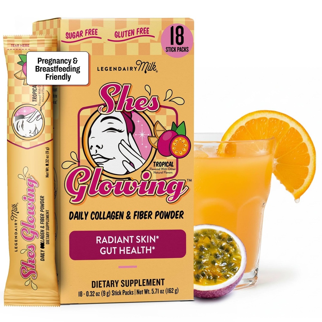 Legendairy Milk She’s Glowing Collagen Peptides Powder with Prebiotic Fiber, Tropical Drink Mix Supplement for Women, Digestive Support & Daily Wellness, 18 Stick Packs