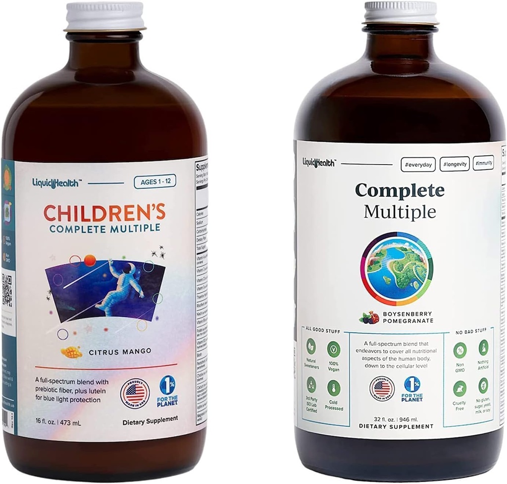 LIQUIDHEALTH Adult Complete Multiple & Children's Complete Multiple Daily Liquid Multivitamin Bundle for Family - Υποστήριξη Συνολική Υγεία, Ενίσχυση ανοσοποιητικού συστήματος - Made in USA, Whole Foods, Vegan, Non-GMO