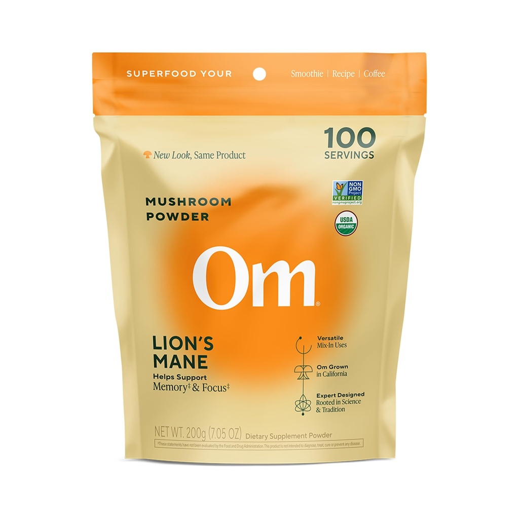 Om Lion’s Mane Mushroom Powder - Organic Mushroom Supplement and Nootropic - Υποστήριξη Μνήμης, Εστίασης και Νεύρων Υγείας, 7.05 oz (100 Services)