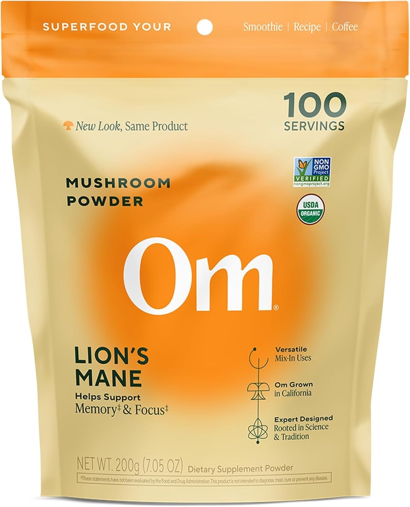 Om Lion’s Mane Mushroom Powder - Organic Mushroom Supplement and Nootropic - Support Memory, Focus and Nerve Health, 7.05 oz (100 Servings)​