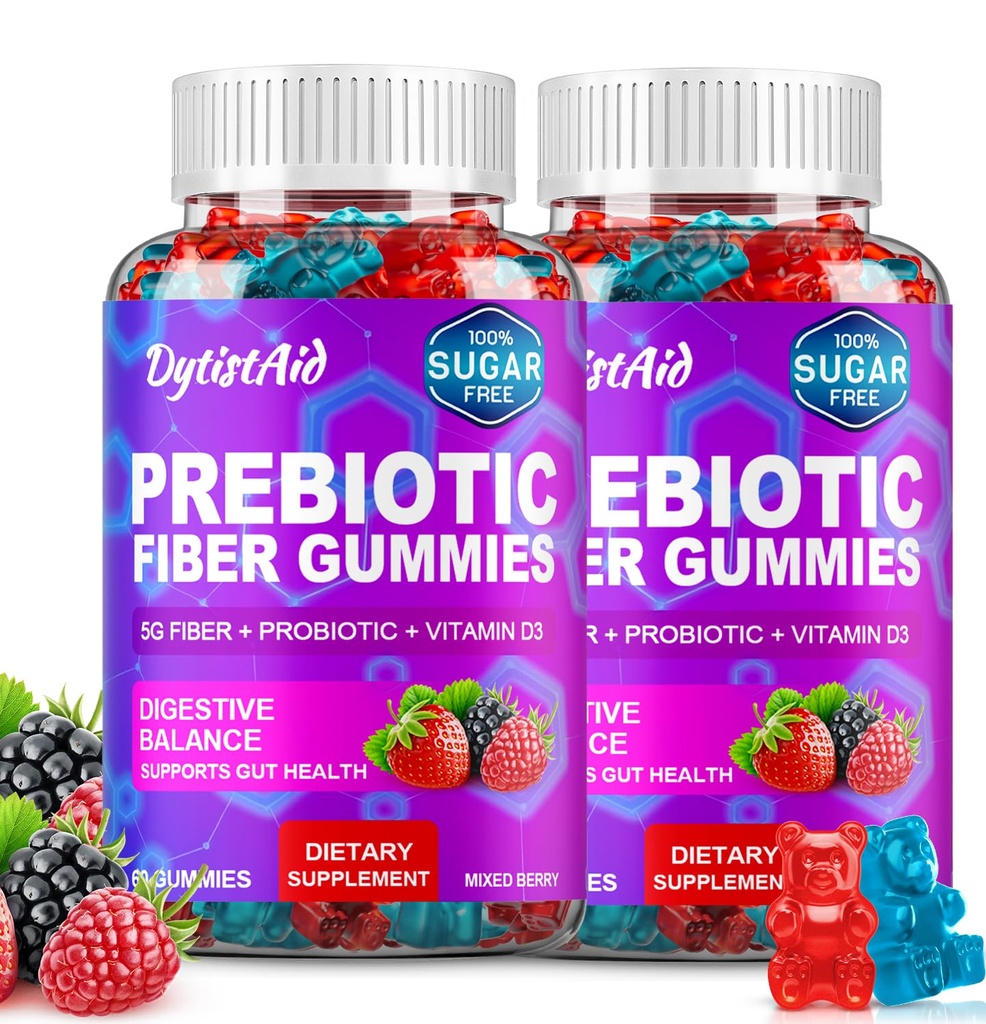 Prebiotic Fiber Gummies, 5g Fiber per Serving, 2 Billion CFU Bacillus Coagulans + Vitamin D3, Sugar Free Pectin Mixed Berry Gummies, Inulin (FOS) + Acacia + Apple Pectin, 120 Gummies (60 Servings)