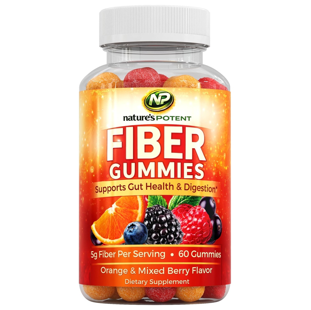 Nature's Potent Fiber Gummies for Adults – Prebiotic Fiber Supplement Gummies, Daily Fiber Support, Digestive Wellness Gummies, Great Tasting Easy-to-Take Fiber, 60 Gummies