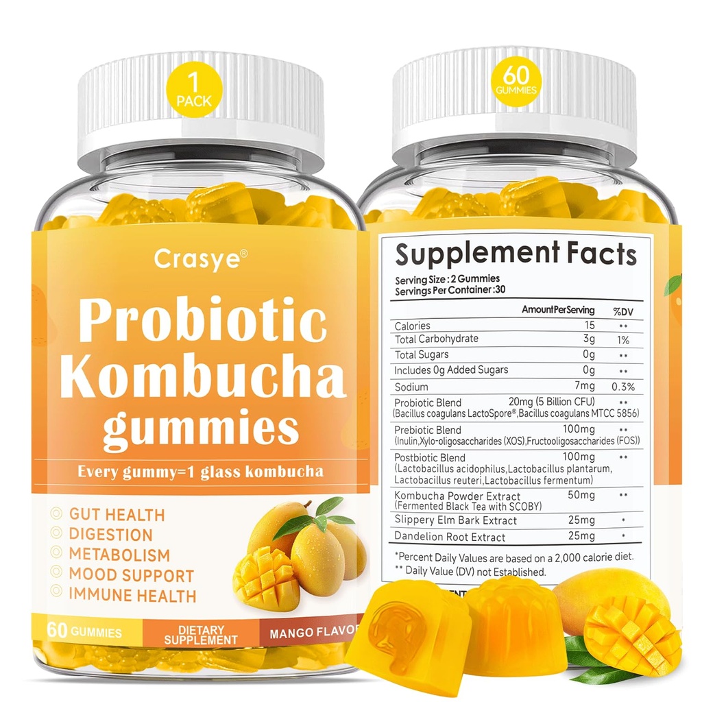Probiotic Kombucha Gummies Sugar Free Prebiotic Postbiotic Probiotics Gummies with Slippery Elm for Women and Men Bloating Gut Health Immune and Digestive Support - 60 Gummies - 30 Servings