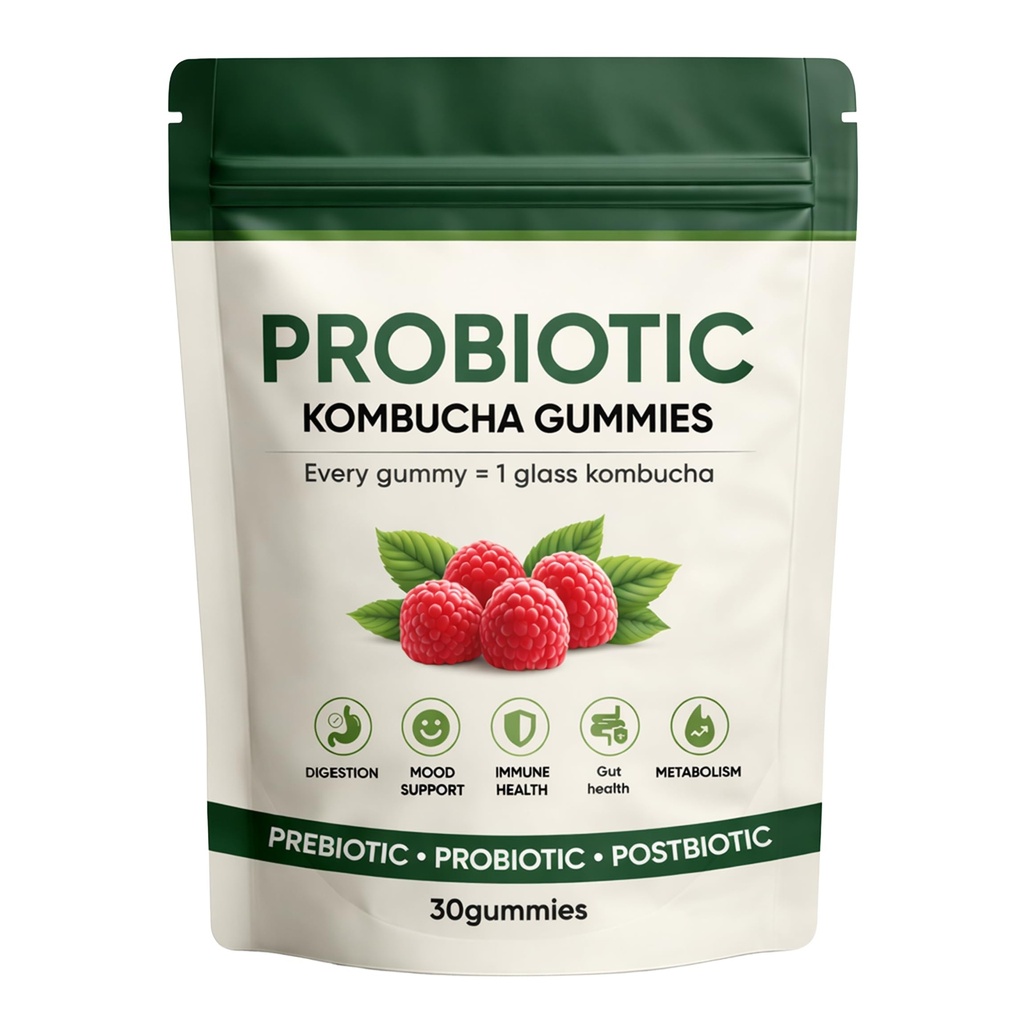 Probiotic Kombucha Gummies with Prebiotics & Fiber, Daily Gut Balance Support, Slippery Elm, Dandelion Root & MCT Oil, Digestive Routine Supplement, 30 Gummies