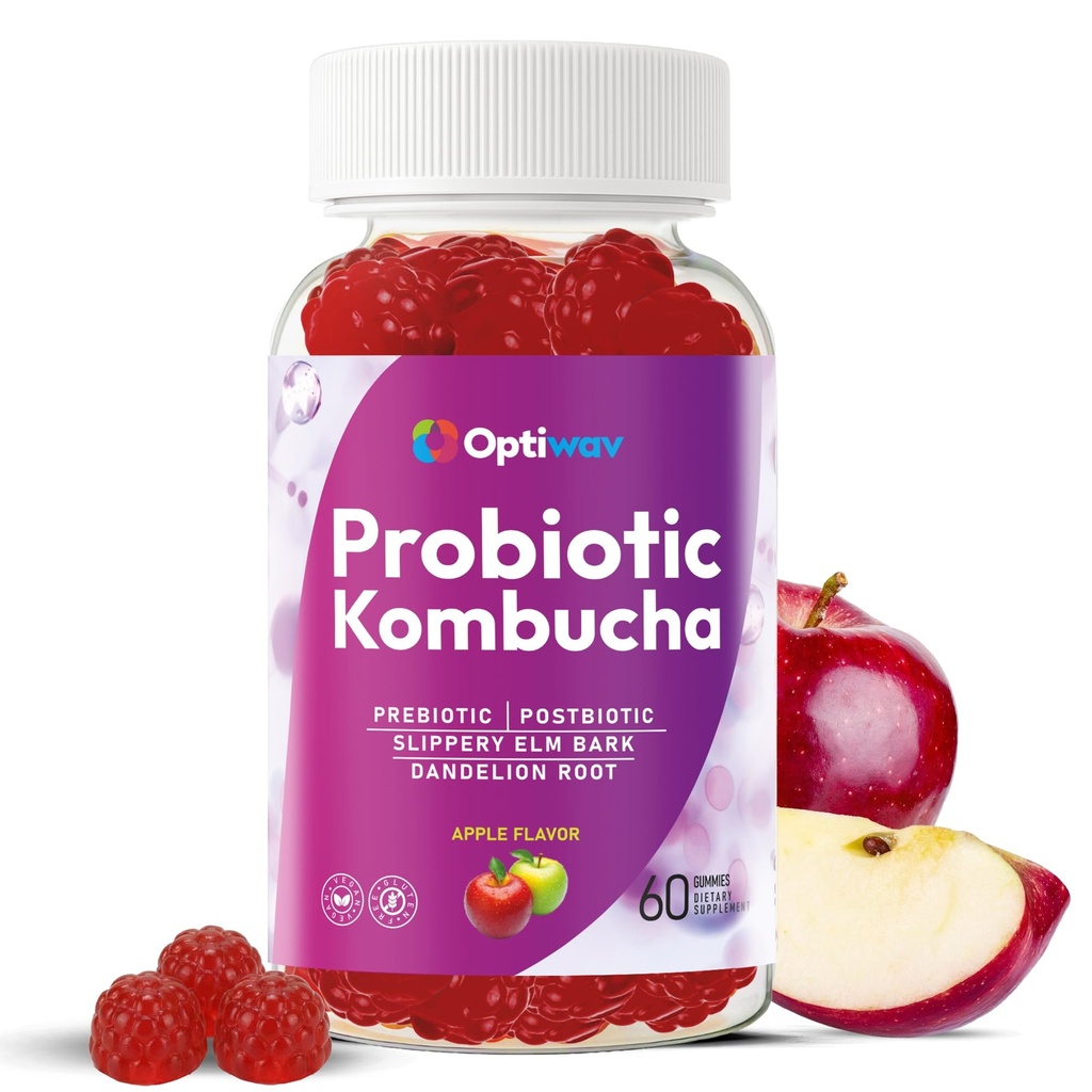 Probiotic Kombucha Gummies for Women Men - Probiotic Prebiotic Postbiotic Blend with Slippery Elm Bark & Dandelion Root - Vegan Gluten-Free Apple Flavor