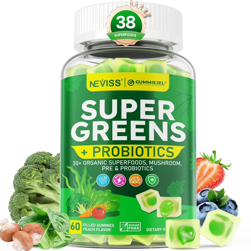 Organic Super Greens Daily Superfood Gummies + Probiotics, Spirulina, Chlorella Spinach Broccoli, Prebiotic Fiber, Mushroom -Rich in Vitamins - Adults & Teens Digestive, Focus, Energy, No Sugar, 60Cts