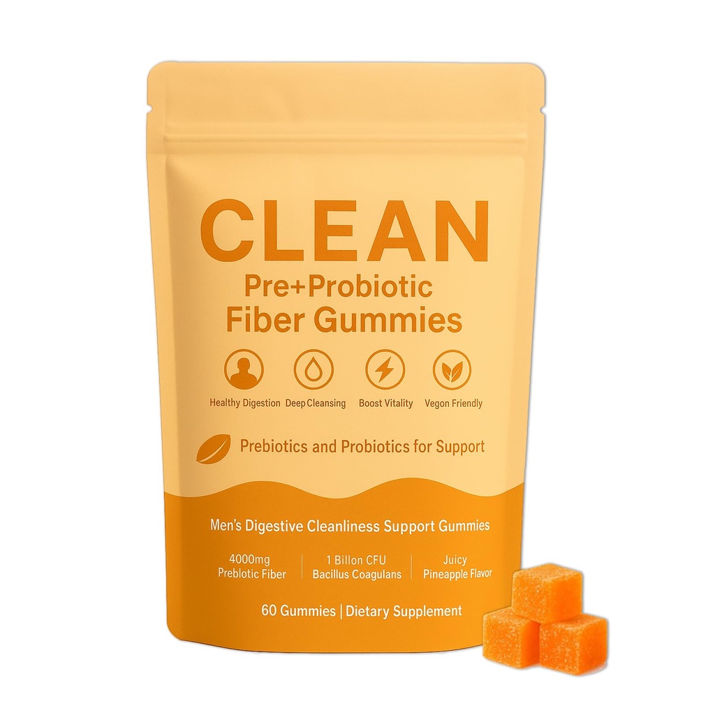 Clean Prebiotic Fiber Gummy, Pre+Probiotic Fiber Gummies for Men, Sugar-Free, Prebiotic Supplement for Digestive Gut Health