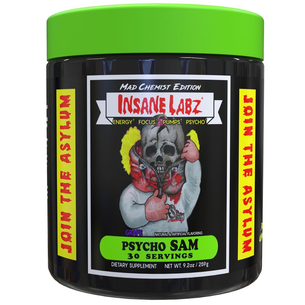 Insane Labz Psycho Sam, High Stimulant Pre Workout Powder, 30 Srvgs (30 Servings (Pack of 1), Grape