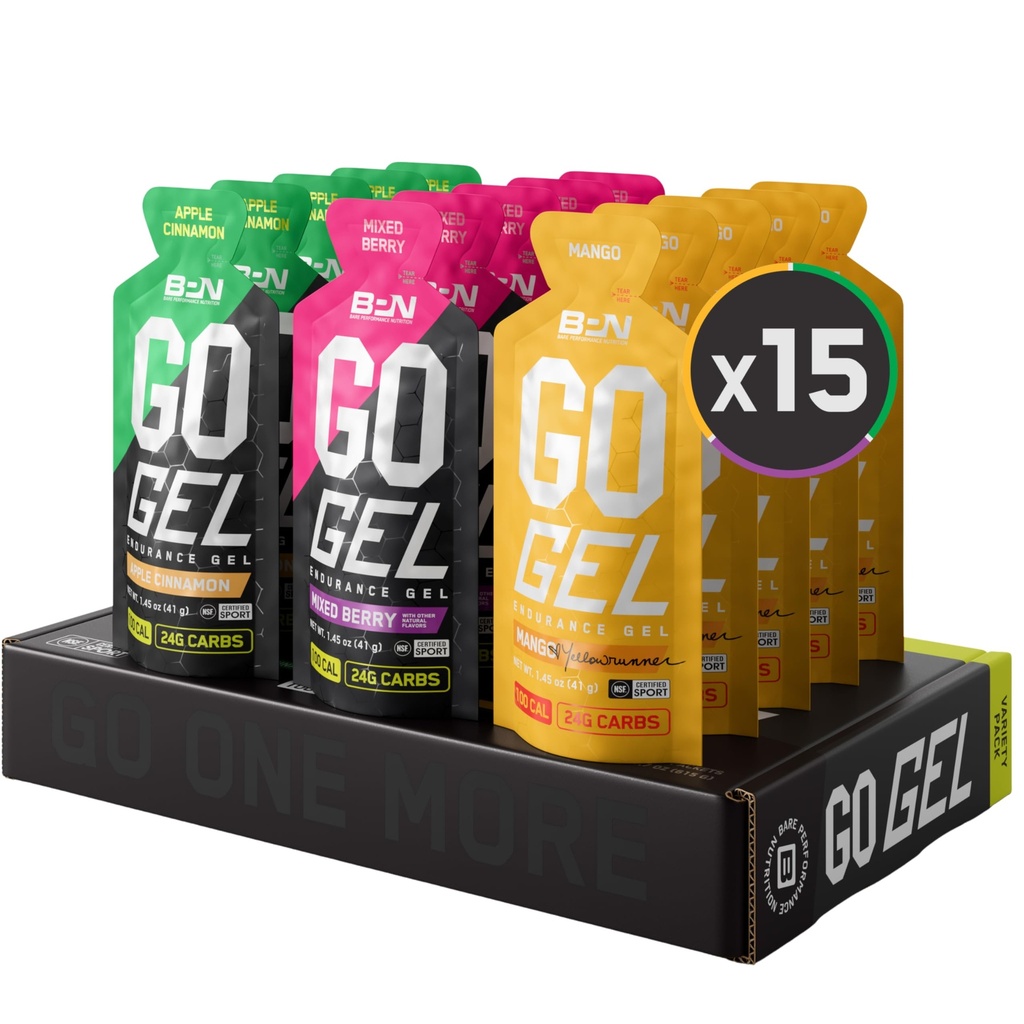 BARE PERFORMANCE NUTRITION, BPN Go Gel Endurance, 24g of Carbohydrates & 100 Calories per Pack, Vegan + Gluten Free Running Gel, 15 Single-Serving Variety Pack