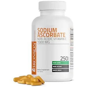 Bronson Sodium Ascorbate Non Acidic Vitamin C 1000 Mg Tablets - Gentle On The Stomach - Immune System Booster - Powerful Antioxidant - Non GMO Vitamin C Supplement, 250 Count