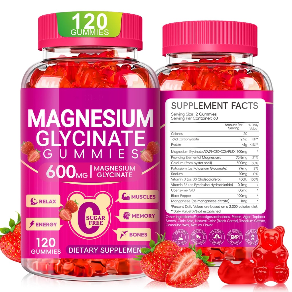 Μαγνήσιο Γλυκινικό Gummys 600mg, Μασώμενη ζάχαρη δωρεάν Κάλιο Μαγνήσιο Gummys με Μαγνήσιο Γλυκινικό, Βιταμίνη D, B6 και CoQ10 για τον ύπνο, χαλάρωση, εγκέφαλο και τους μυς, 60 ημέρες προσφοράς