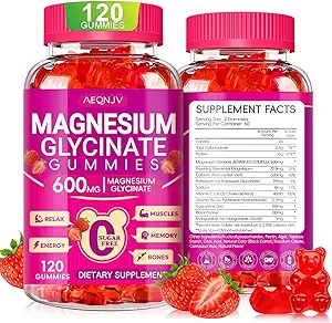 Magnesium Glycinate Gummies 600mg, Chewable Sugar Free Potassium Magnesium Gummies with Magnesium Glycinate, Vitamin D, B6 and CoQ10 for Sleep, Relaxation, Brain and Muscle, 60 Days Supply