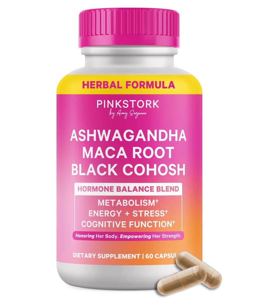 Pink Stork Ashwagandha, Maca Root & Black Cohosh | Perimenopause + Hormone Support Supplement for Women | Mood, Stress, Adrenal & Cortisol Support - 60 Capsules