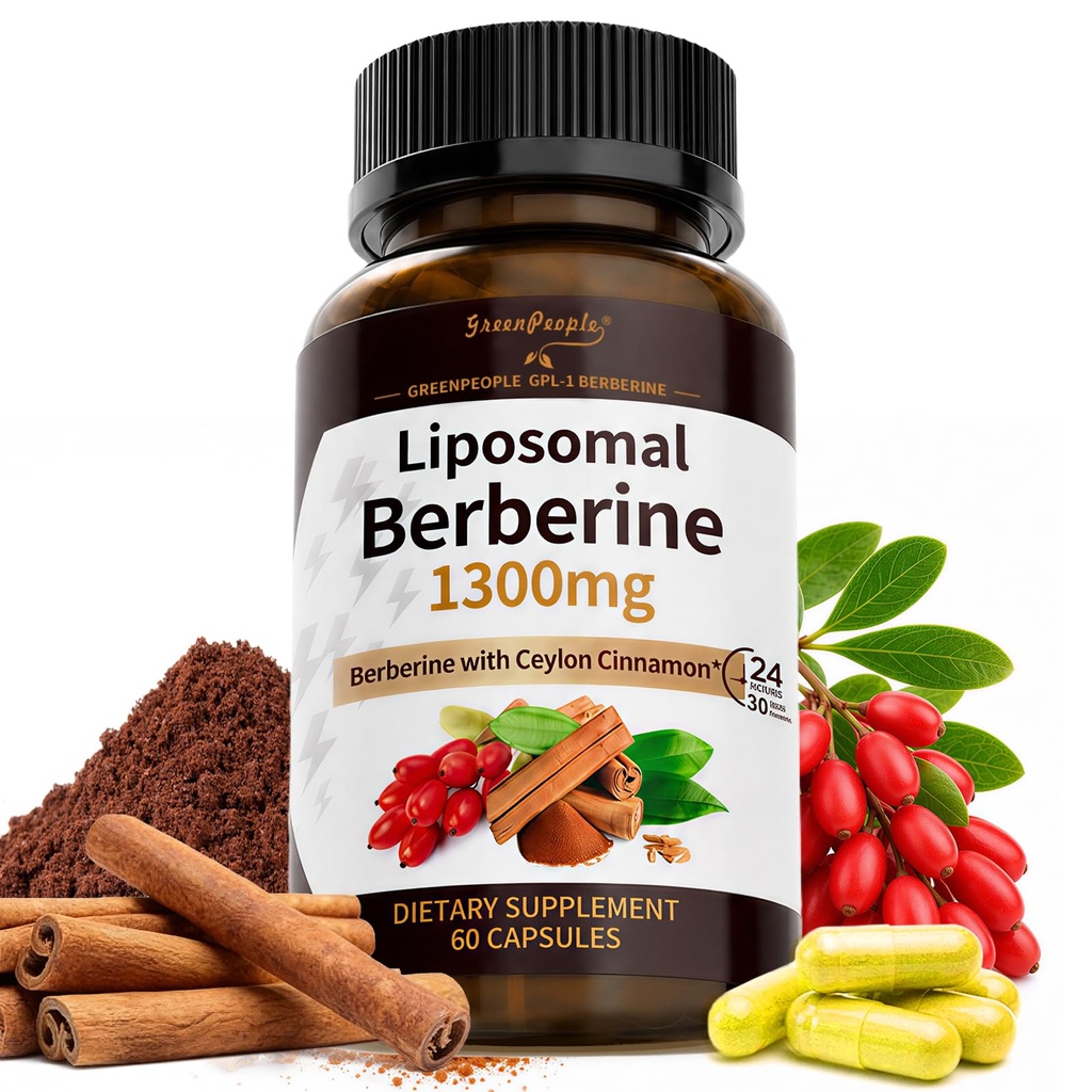 GREENPEOPLE Liposomal Berberine Supplement with Ceylon Cinnamon - Berberine HCL 1300mg 10X High Absorption - AMPK & PPAR Activator for Metabolic & Digestive & Immune Balance - Non-GMO 60 Veg Capsules