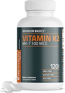 Bronson Βιταμίνη K2 MK-7 100 MCG, K2 ως MK7 Μενακινόνη, Οστική Υποστήριξη Μη- ΓΤΟ, 120 δισκία