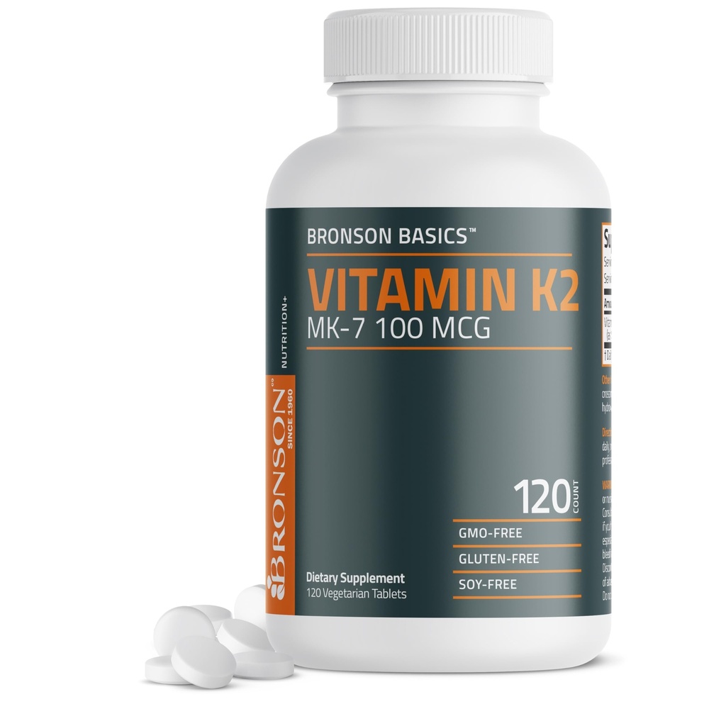 Bronson Βιταμίνη K2 MK-7 100 MCG, K2 ως MK7 Μενακινόνη, Οστική Υποστήριξη Μη- ΓΤΟ, 120 δισκία