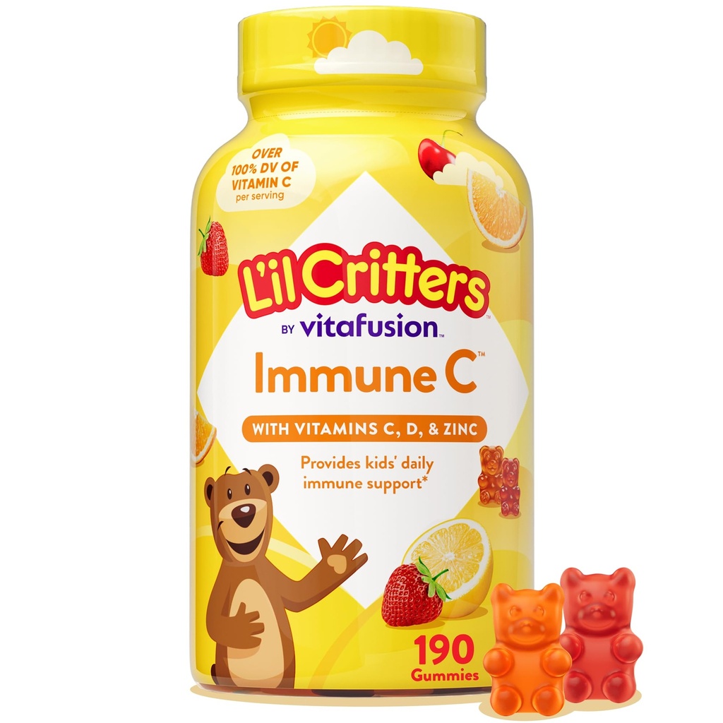 L’il Critters Ανοσοποιητικό C Καθημερινή Gummy συμπλήρωμα βιταμίνης για τα παιδιά, για βιταμίνη C, D και ψευδάργυρο για την υποστήριξη του ανοσοποιητικού, πορτοκάλι, λεμόνι, φράουλα και κεράσι Γεύσεις, 190 Gummies (συσκευασία Μαΐου Vary)