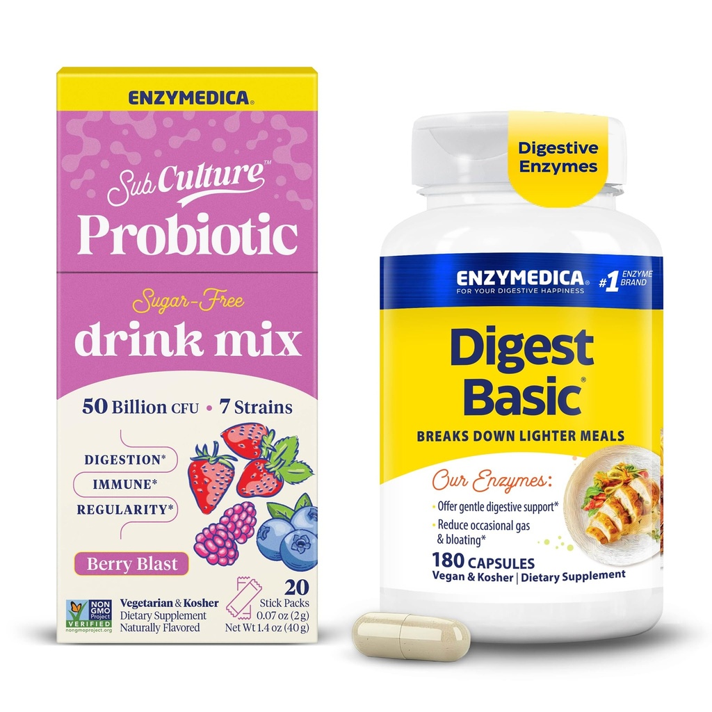 Enzymedica Digest Basic & SubCulture Probiotic Drink Mix Powder - Digestive Enzyme Supplement for Women & Men, Helps Gas & Bloating, Probiotics for Gut Health 50 Billion CFU, Berry Blast - Pack of 2