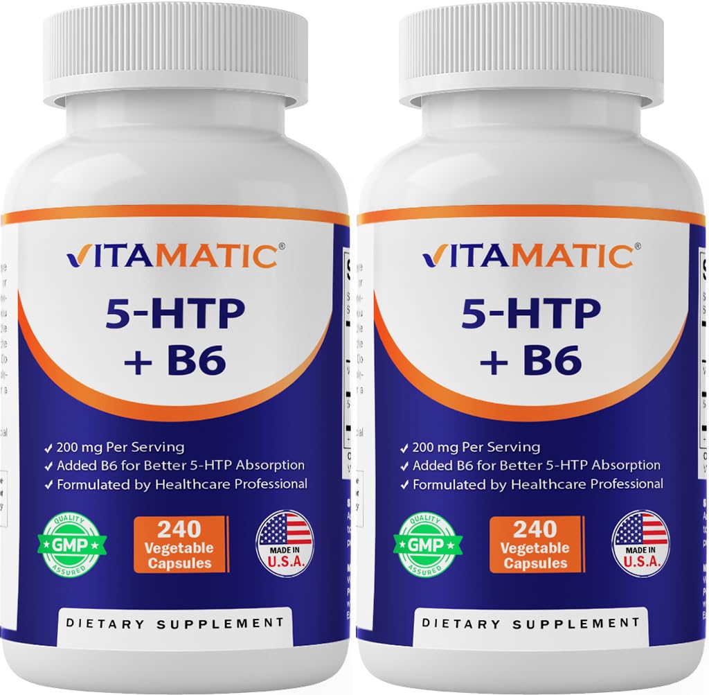 Vitamatic 5-HTP 200mg with B6 5mg Per Serving - 240 Vegetarian Capsules (5-Hydroxytryptophan) - (Griffonia Simplicifolia Seed Extract)- 2 Pack