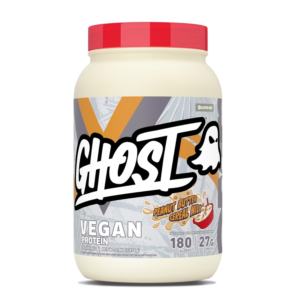 GHOST Vegan V2 Protein Powder, Peanut Butter Cereal Milk – 2.8LB Tub, 27G of Protein - Plant-Based Pea & Organic Pumpkin Blend Protein with Fiber & Iron Flavored Post Workout Shakes - Soy, Gluten Free