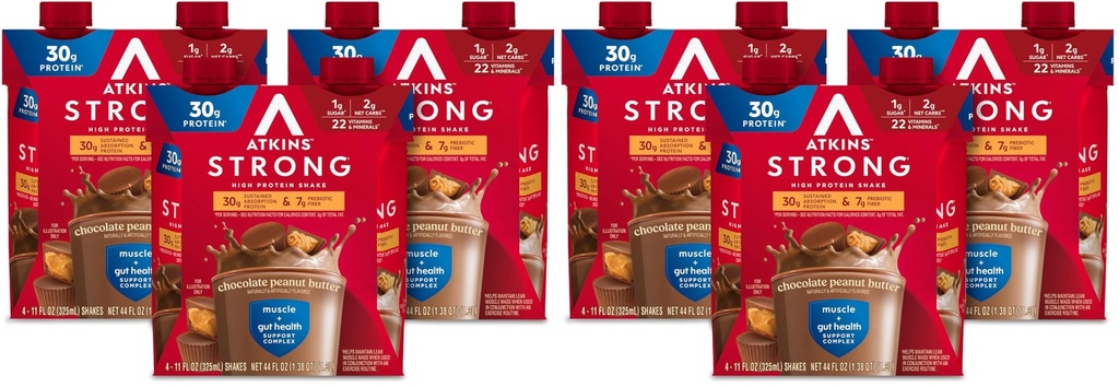 Atkins Strong High Protein Shake, Chocolate Peanut Butter Flavor, 30g Protein, Low Carb and Low Sugar Shake, Keto Friendly, Gluten Free, Muscle and Gut Health Support Complex (Pack of 24)