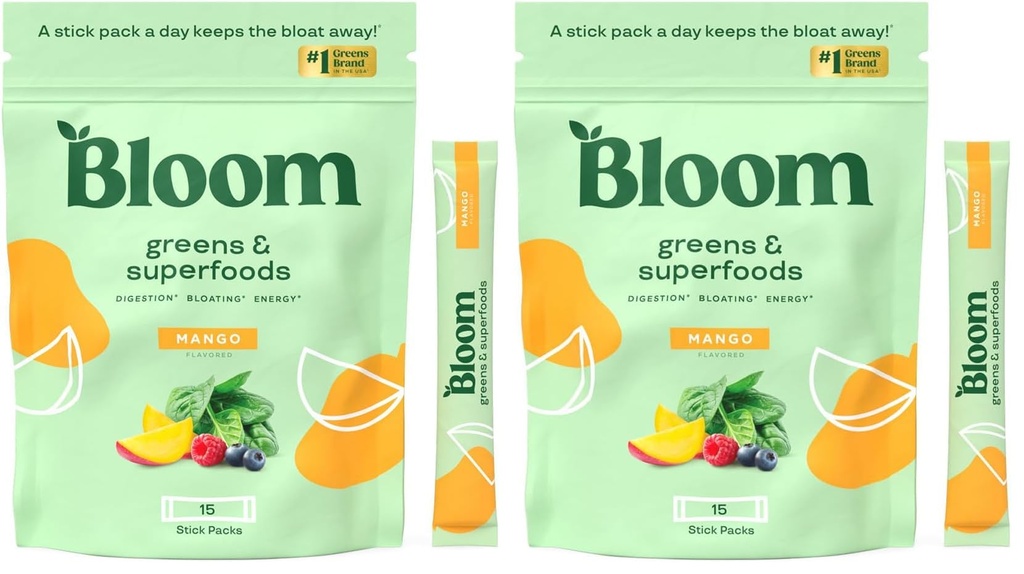 Bloom Nutrition Superfood Greens Powder Stick Packs, Digestive Enzymes with Probiotics and Prebiotics, Gut Health, Bloating Relief for Women, Chlorella, Green Juice Mix, 15 SVG, Mango (Pack of 2)