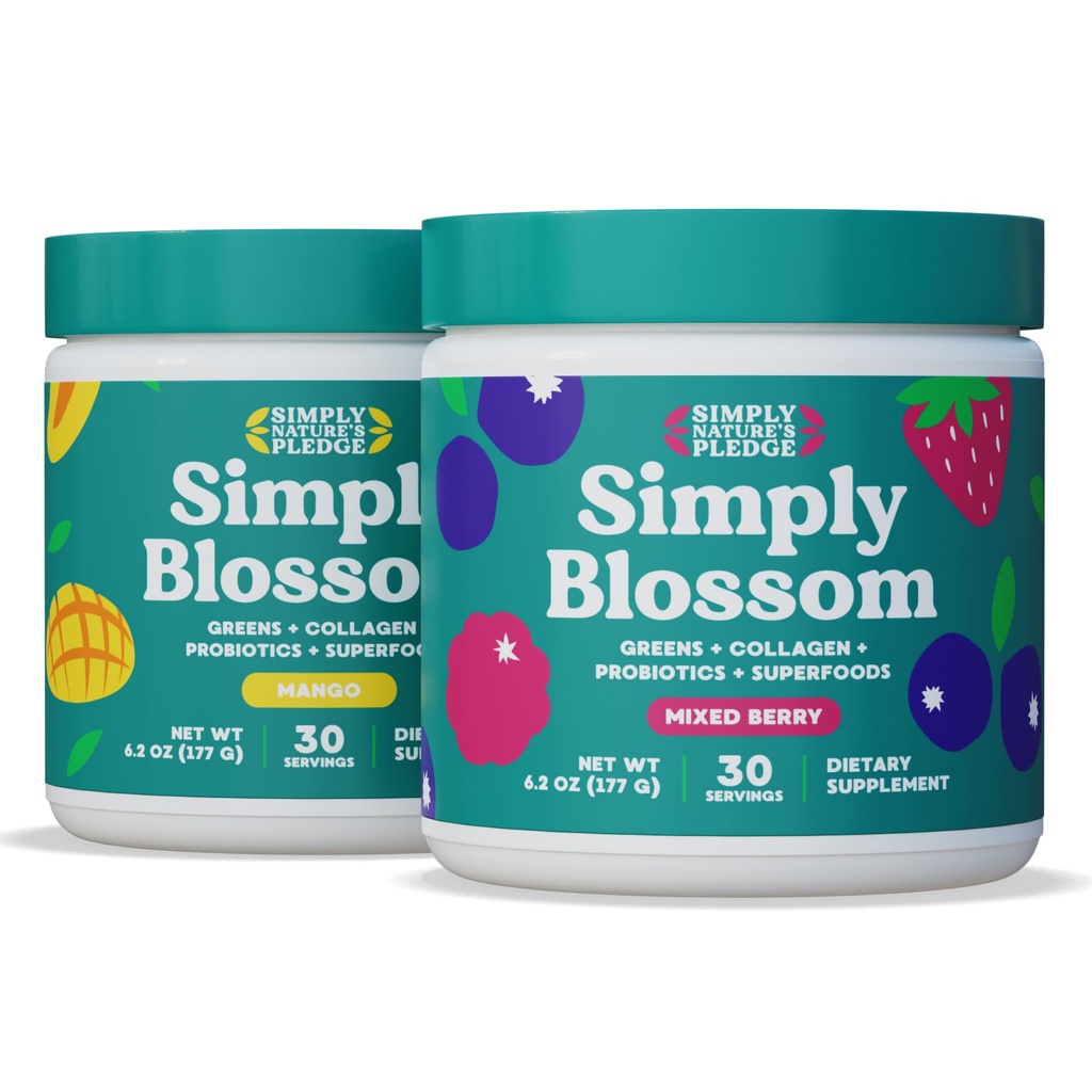 Simply Blossom Nutrition - Mango & Berry - Daily Greens & Superfood Powder + Collagen + Probiotics for Women's Digestive Health & Bloating Relief. Help Your Health Bloom -2 Month Supply