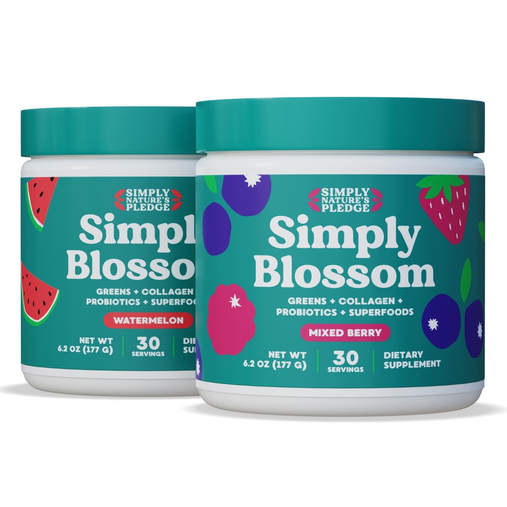 Simply Blossom Nutrition - Watermelon & Berry - Daily Greens & Superfood Powder + Collagen + Probiotics for Women's Digestive Health & Bloating Relief. Help Your Health Bloom - 2 Month Supply