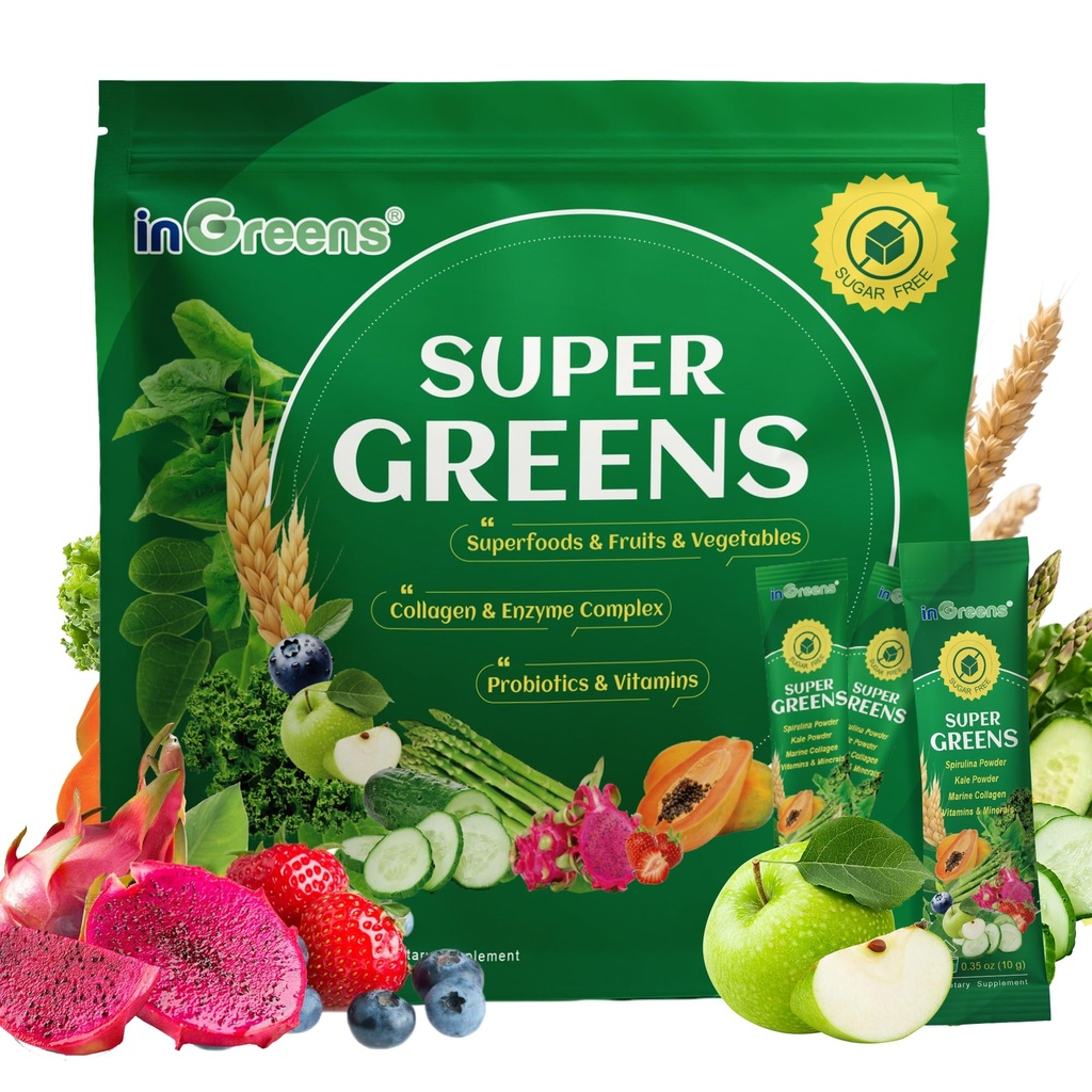 inGreens Super Greens Powder, Superfoods, 0 Sugar, Collagen, Probiotics, Spirulina, Chlorella, Daily Greens Drink Mix for Antioxidants, Gut Health, Energy & Beauty Support, Natural Flavor, 30 Packets