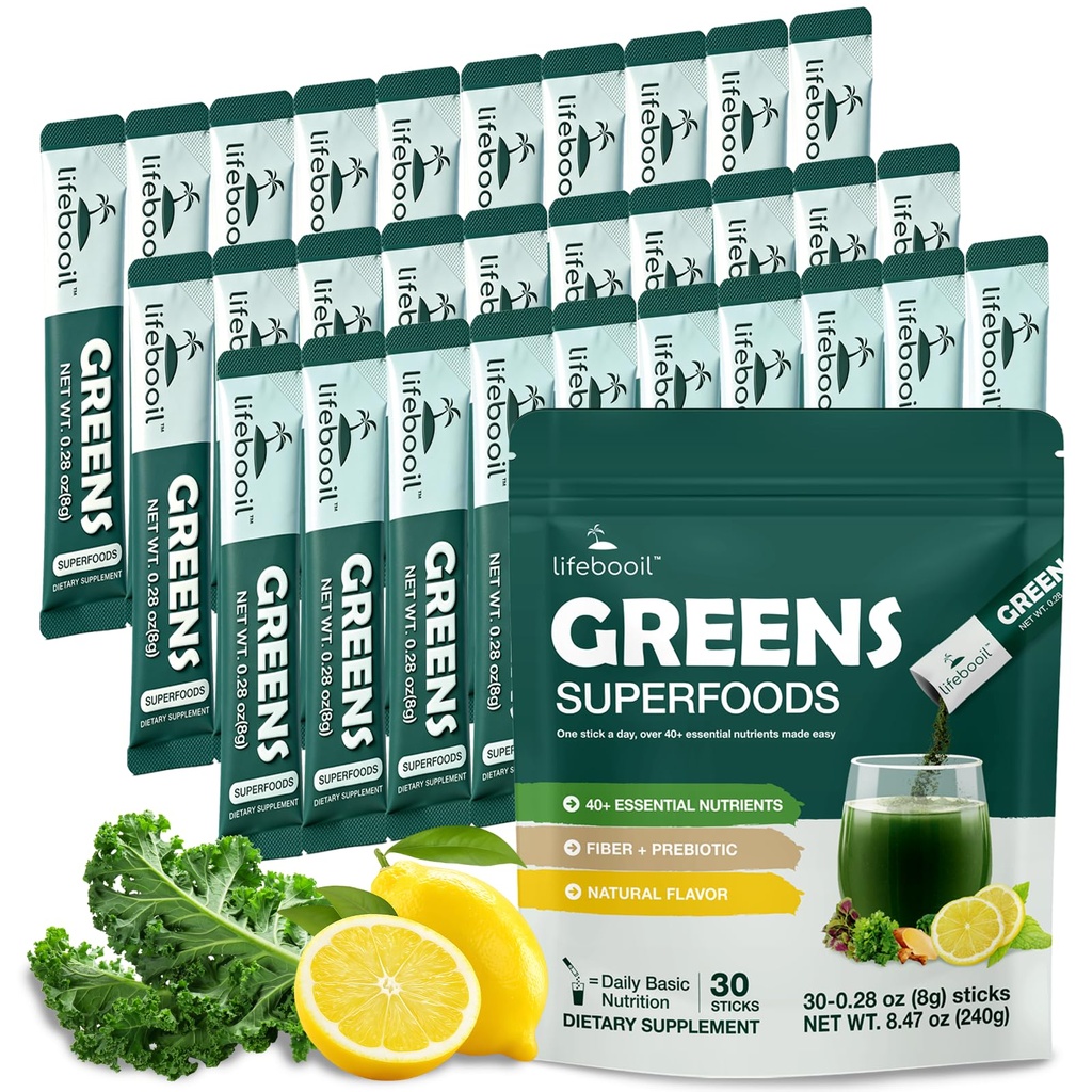 Super Greens Powder Stick Packs with 40+ Superfoods, Red Ginseng & Prebiotics | Gut Health & Energy Booster | 30 Single-Serve Packets
