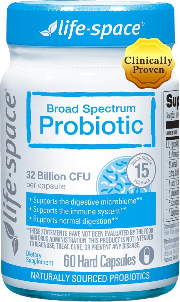 Life-Space Premium Broad Spectrum Probiotics, 2 Month Serving, 32 Billion CFU & 15 Diverse Strains, Formulated for Daily Digestive Health & Immune Health, Probiotics for Women & Men, 60 Veg Capsules