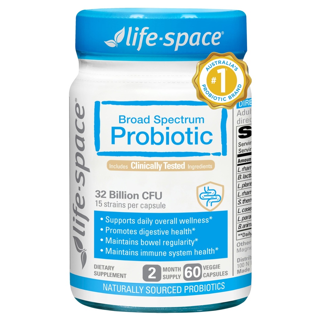 Life-Space Premium Broad Spectrum Probiotics, 2μηνη εξυπηρέτηση, 32 Billion CFU & 15 Diverse Strains, Formulated for Daily Digestive Health & Immune Health, Probiotics for Women & Men, 60 Veg Κάψουλες