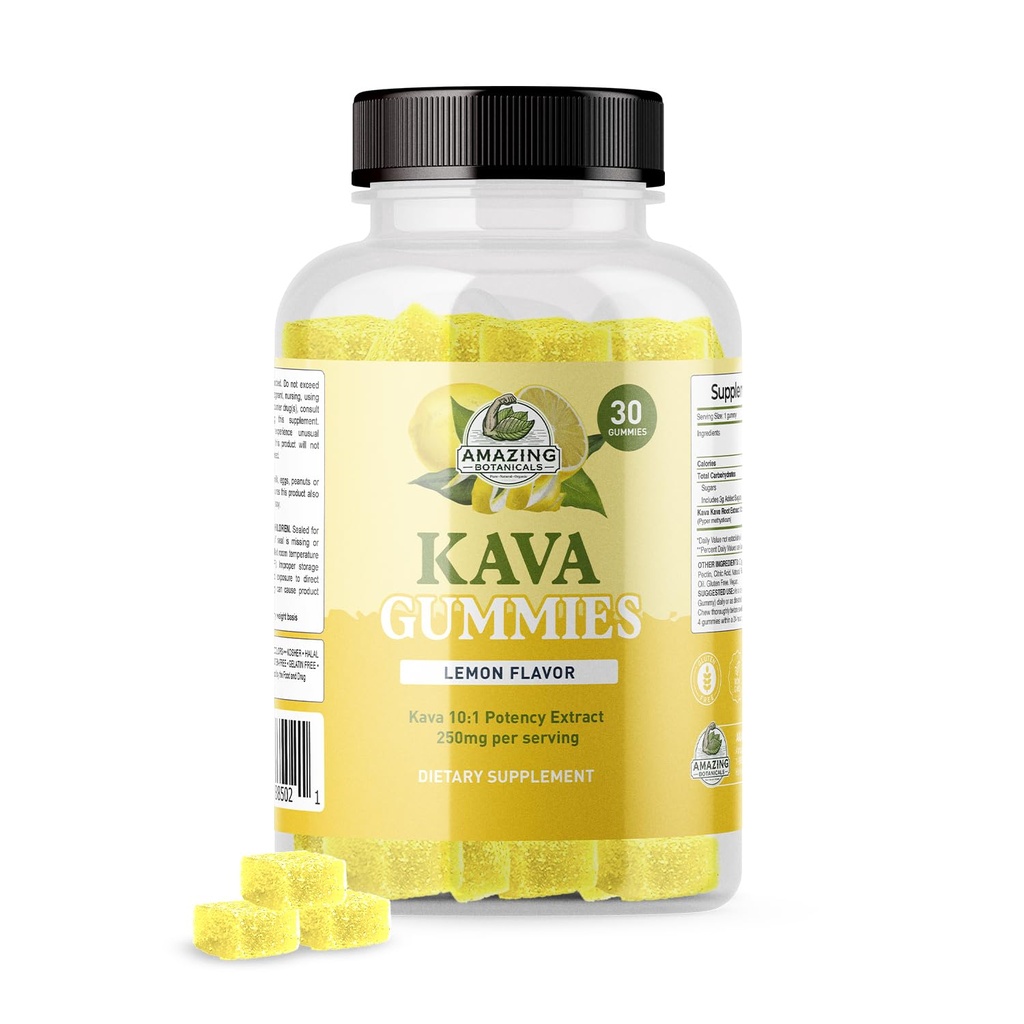 Amazing Botanicals Zesty Lemon Kava Gummies - 250mg ανά Gummy - Φυσική Βοήθεια για τον Ύπνο για Χαλάρωση & Ξεκούραστες Νύχτες, Μη ΓΤΟ, Vegan, Χωρίς Γλουτένη - 30 Gummies