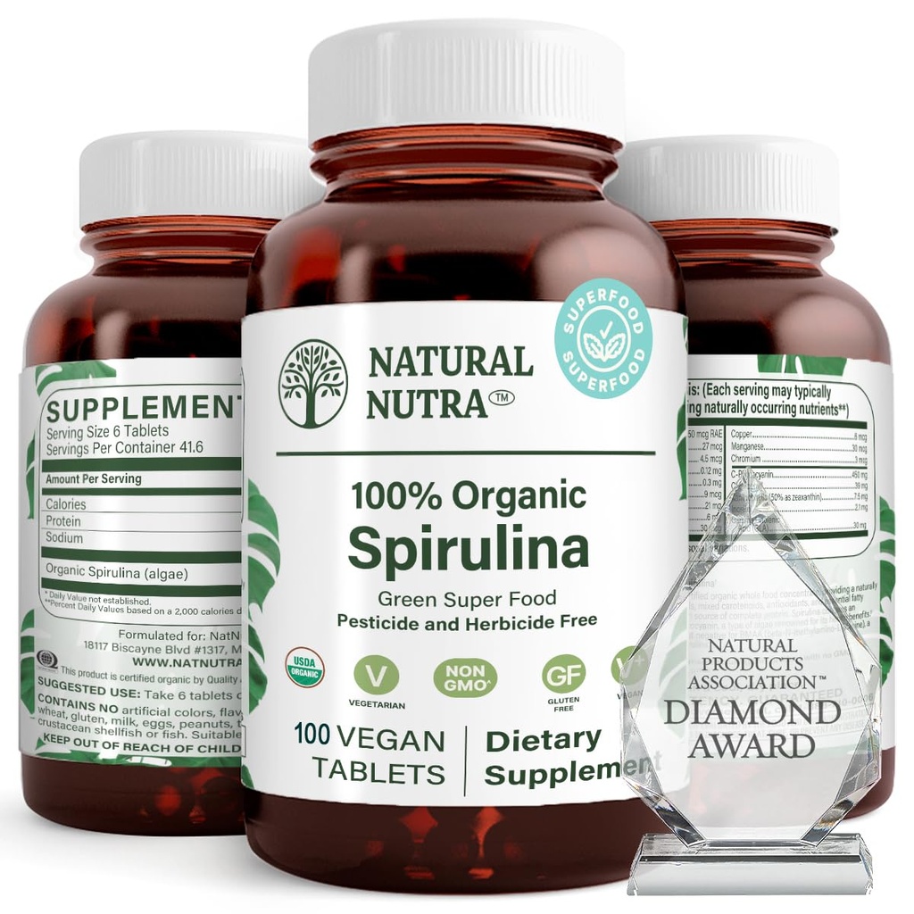 Natural Nutra 100% USDA Βιολογικά δισκία Spirulina, βοηθά στη διατήρηση των λιπιδίων του σώματος, προωθεί την υγεία του ήπατος, προωθεί το ανοσοποιητικό σύστημα, βοηθά στη βελτίωση του μεταβολισμού, προωθεί την ασυλία, 300mg, 100 Vegan δισκία